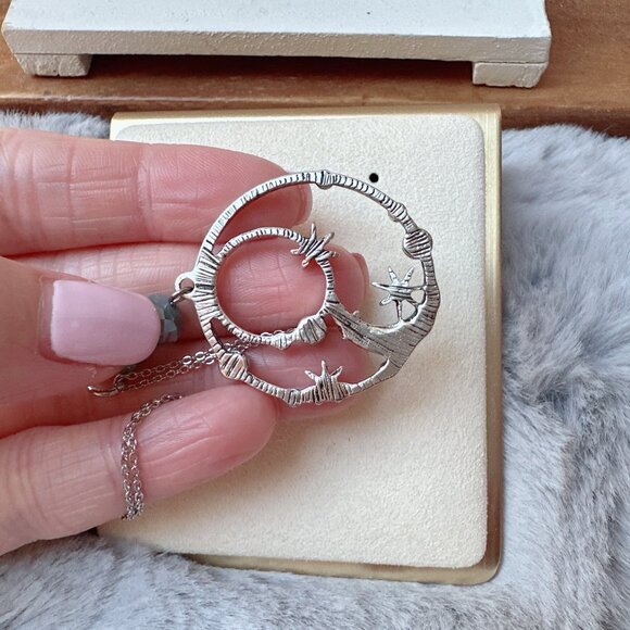 Antique Silver Celestial Moon and Star with Turquoise and Crystal Necklace - Picture 3 of 6